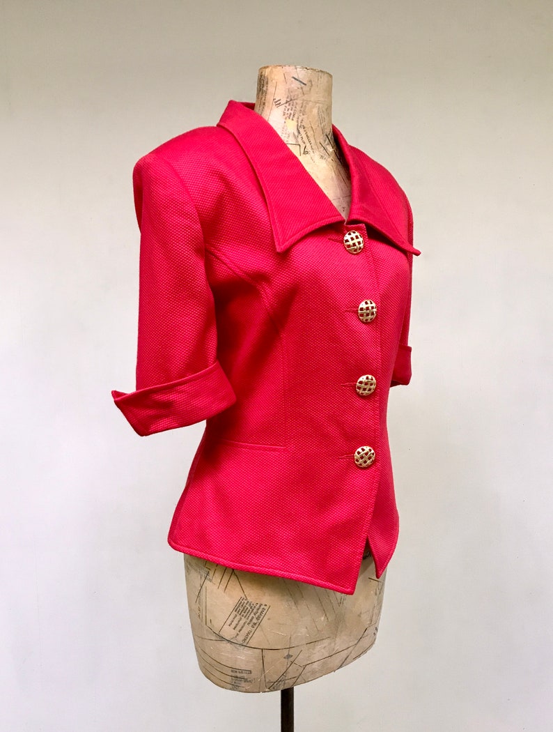 Vintage 1990s Short Sleeve Blazer, Red Cotton Piqué Fitted Hourglass Jacket, Structured I. Magnin Top, Medium 38 Bust, Size 10, VFG image 3