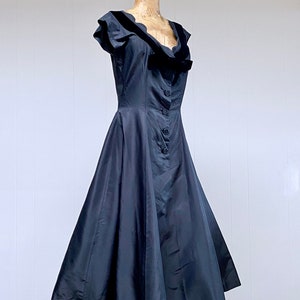 Vintage 1950s Cocktail Dress, 50s Black Rayon Taffeta Frock w/Velvet Trim Special Occasion Full Skirt Rockabilly Party, 38 Bust, VFG image 3