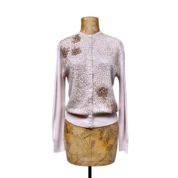 Vintage 1960s Fancy Beaded Cardigan, 60s Beige Acrylic Vintage 1960s Fancy Beaded Cardigan, 60s Beige Acrylic