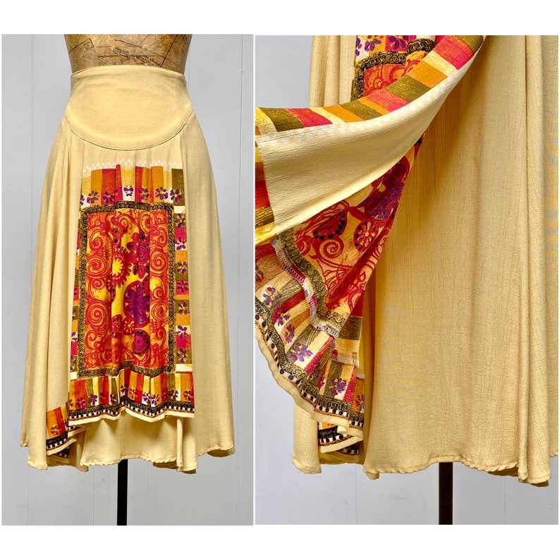 Vintage 1980s Buttercream Rayon Crepe Circle Skirt, 80s New Romantic Faux Wrap Midi, Small 27 Inch Waist, VFG image 1