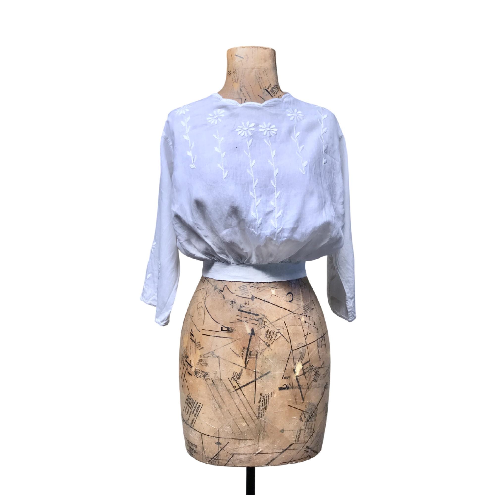 Antique Edwardian White Cotton Blouse With Floral Embroidery