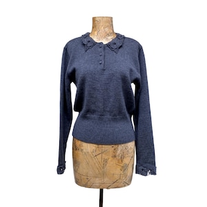 Vintage 1980s Romantic Wool Sweater, 80s Charcoal Gray Pullover with Knit Lace Collar/Cuffs, Mariella Burani Made in Italy  Medium, VFG