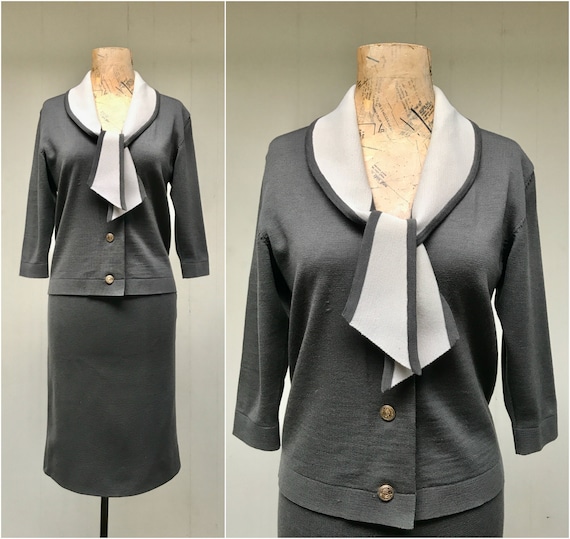 Vintage 1950s Gray Knit Skirt Suit, 50s Amalfi Cha