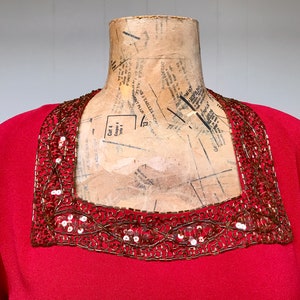 Vintage 1940s Red Rayon Crepe Beaded Blouse, 40s Crimson Short Sleeve Cocktail Top, Small 34 Bust, VFG image 6
