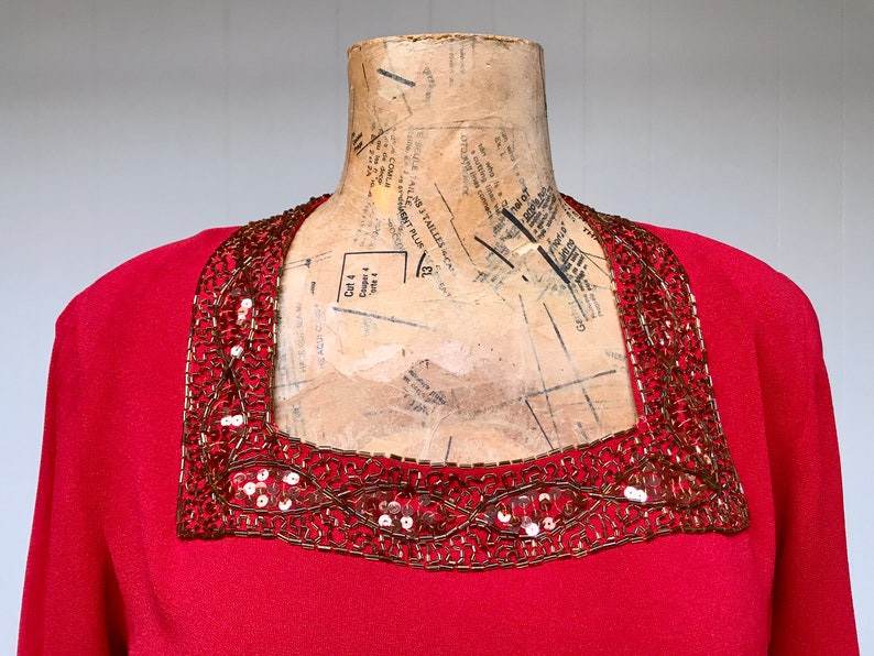 Vintage 1940s Red Rayon Crepe Beaded Blouse, 40s Crimson Short Sleeve Cocktail Top, Small 34 Bust, VFG image 6