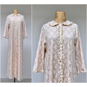 Vintage 1960s Floral Lace Robe, 60s Blush Nylon Dressing Gown, Miss Elaine Maxi, Medium to Large 38 Bust, VFG image 1
