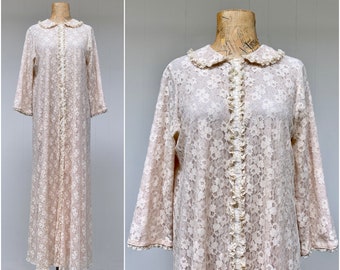 Vintage 1960s Floral Lace Robe, 60s Blush Nylon Dressing Gown, Miss Elaine Maxi, Medium to Large 38" Bust, VFG