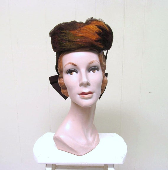 Vintage 1940s Feather Hat, 40s Tilt Hat, 40s Earth