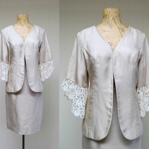 Vintage 1960s Silk Skirt Suit, 60s Bone Silk and Lace Cocktail Suit, Mother of the Bride, Extra-Small Jacket 34 Bust, Skirt Waist 24, VFG image 1