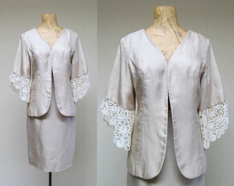 Vintage 1960s Silk Skirt Suit, 60s Bone Silk and Lace Cocktail Suit, Mother of the Bride, Extra-Small Jacket 34" Bust, Skirt Waist 24", VFG