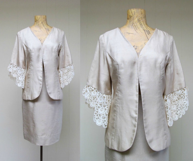 Vintage 1960s Silk Skirt Suit, 60s Bone Silk and Lace Cocktail Suit, Mother of the Bride, Extra-Small Jacket 34 Bust, Skirt Waist 24, VFG image 1