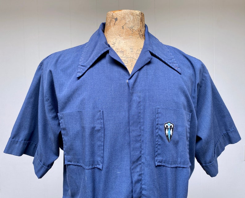 Vintage 1970s Short Sleeve Belted Coveralls, 70s Blue Cotton-Poly Customode Jumpsuit, Utility Work Wear, Leisure Suit, Large 48 Chest, VFG image 6