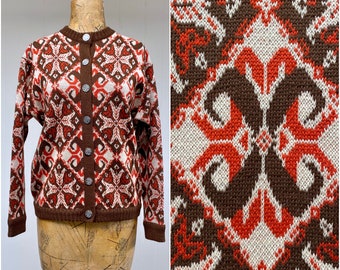 Vintage 1960s/1970s Snowflake Pattern Wool Cardigan, Nordic Style Sweater by Tami, Medium 42" Bust, VFG