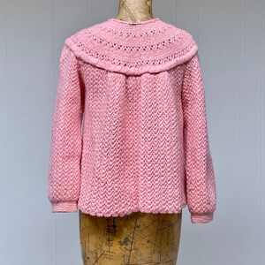 Vintage 1950s Pink Knit Bed Jacket, 50s Acrylic Swing Cardigan, Crochet Folk Sweater, Medium-Large, VFG image 4