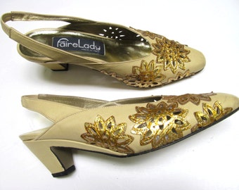 Vintage 1980s Shoes Slingback Shoes, 80s Buttercream Leather Gold Metallic Floral Appliqué Heels, US Size 6 B 36.5 EUR, VFG