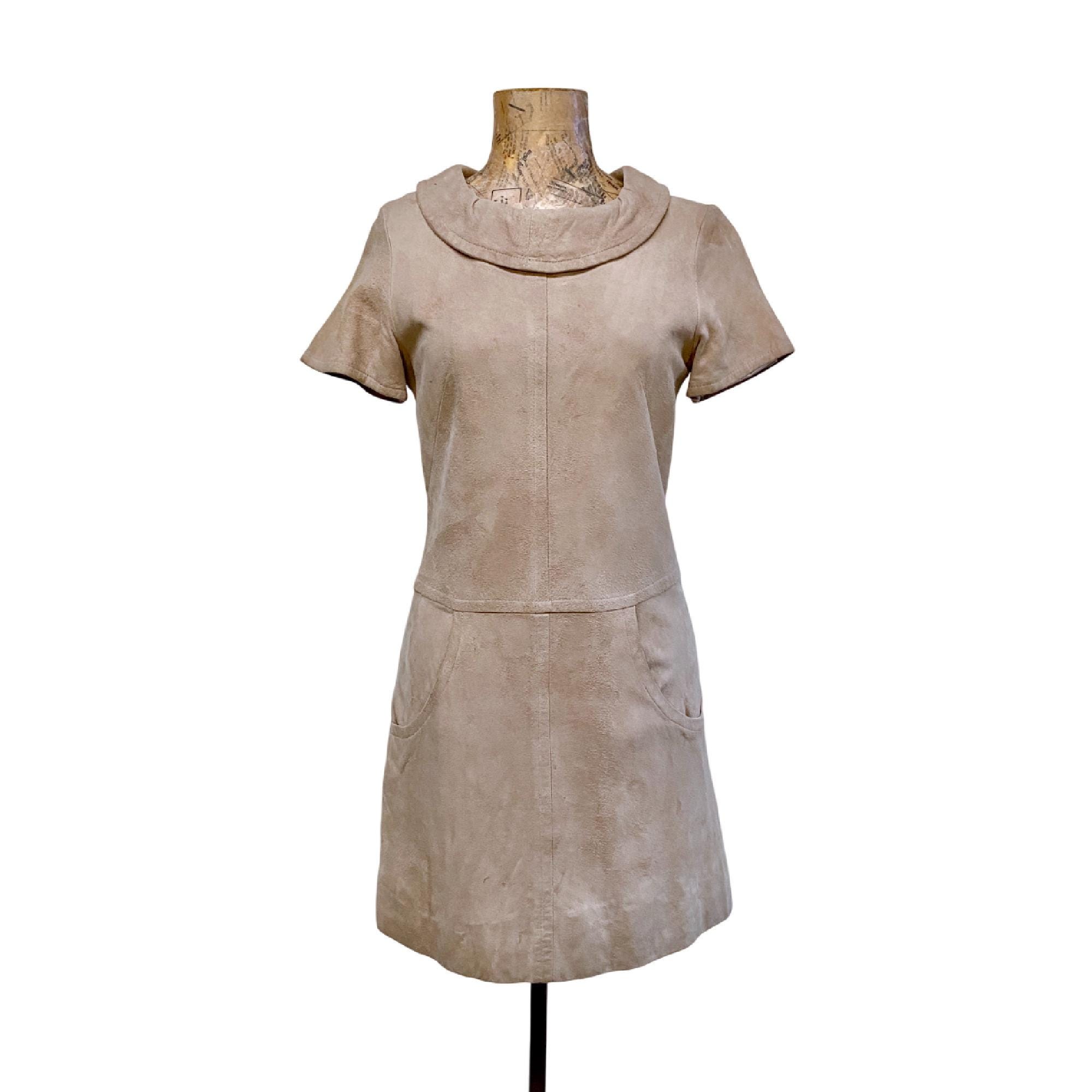 Vintage 1960s Mod Beige Suede Mini Dress, Genuine 60s