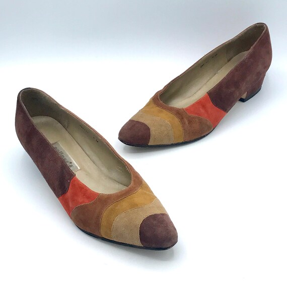 Vintage 1980s Earthtone Suede Color Block Pumps, … - image 1