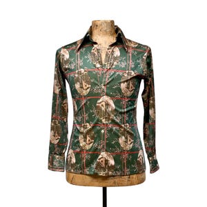 Vintage 1970s Novelty Print Disco Shirt, 70s Old Mill Image, Long Sleeve Polyester Hipster Shirt, Gender Neutral Small 38&quot; Chest/Bust, VFG