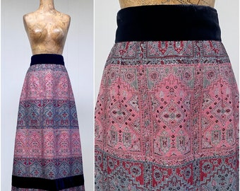 Vintage 1960s/1970s Tapestry and Velvet Maxi Skirt, Rich Hippie, Boho Festival Fashion, 28" Waist, VFG