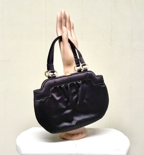 Vintage 1950s Black Satin Handbag, 50s Formal Top… - image 8