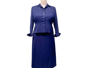 Vintage 1950s Navy Wool Gabardine Suit, 50s Handmacher Princess Seam Jacket and Pencil Skirt Set, Volup Vintage, 44" Bust 34" Waist XL, VFG