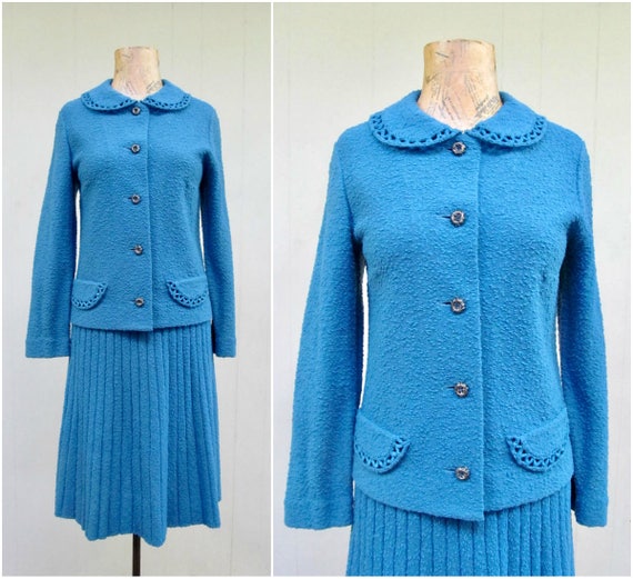 Vintage 1950s Knit Suit, 50s Kimberly Blue Wool Bo