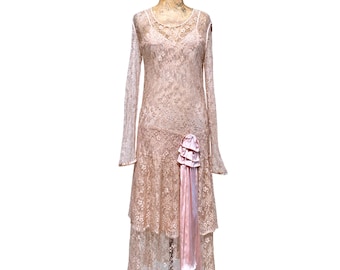 Vintage 1920s Blush Pink Lace Evening Gown, Sheer Art Deco Drop-Waist Bias Cut Dress - Wedding Party - Special Occasion, 34" Bust, VFG
