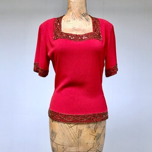 Vintage 1940s Red Rayon Crepe Beaded Blouse, 40s Crimson Short Sleeve Cocktail Top, Small 34 Bust, VFG image 5