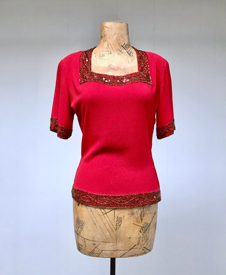 Vintage 1940s Red Rayon Crepe Beaded Blouse, 40s Crimson Short Sleeve Cocktail Top, Small 34 Bust, VFG image 5