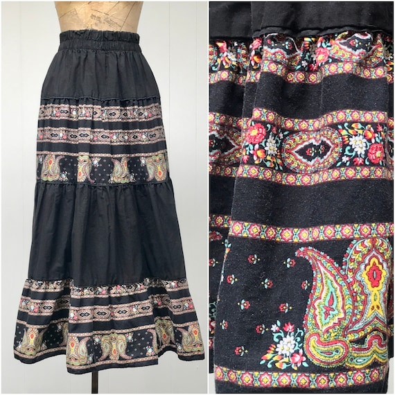 Vintage 1980s Peasant Maxi Skirt, Black Cotton Pa… - image 1