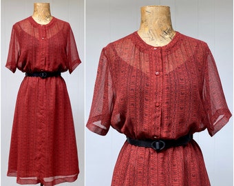 Vintage 1960s Semi-Sheer Shirtwaist Dress, 60s Rust Short Sleeve Frock with Black Novelty Print Folk Pattern, Small to Medium, VFG