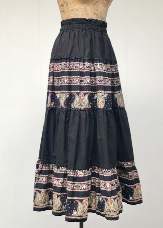 Vintage 1980s Peasant Maxi Skirt, Black Cotton Pa… - image 5