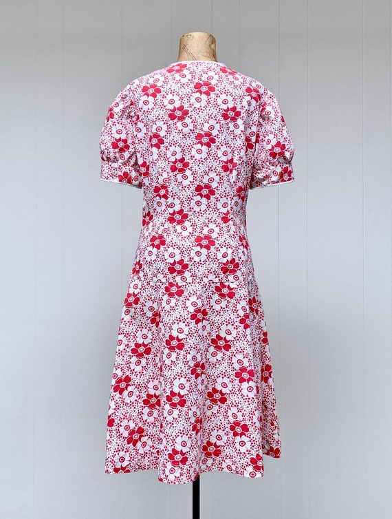 Antique 1920s Red & White Floral Cotton Day Dress… - image 4
