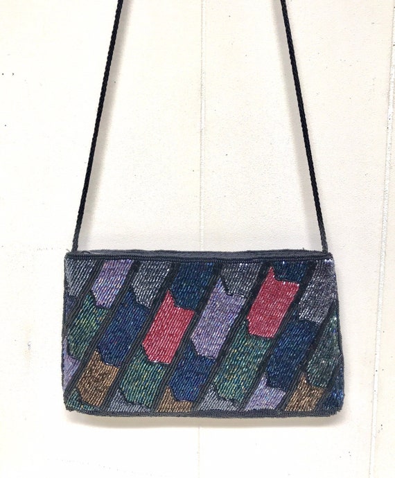 Vintage 1980s Beaded Evening Bag, Iridescent Bugle