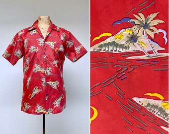 Vintage 1970s Hawaiian Shirt, Red Nylon Tropical Island Print, Medium, VFG