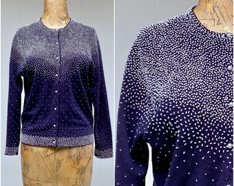 Vintage 1950s Navy Lambswool Beaded Cardigan, Mid-Century Rockabilly Sweater, Made in Hong Kong, Medium 38" Bust