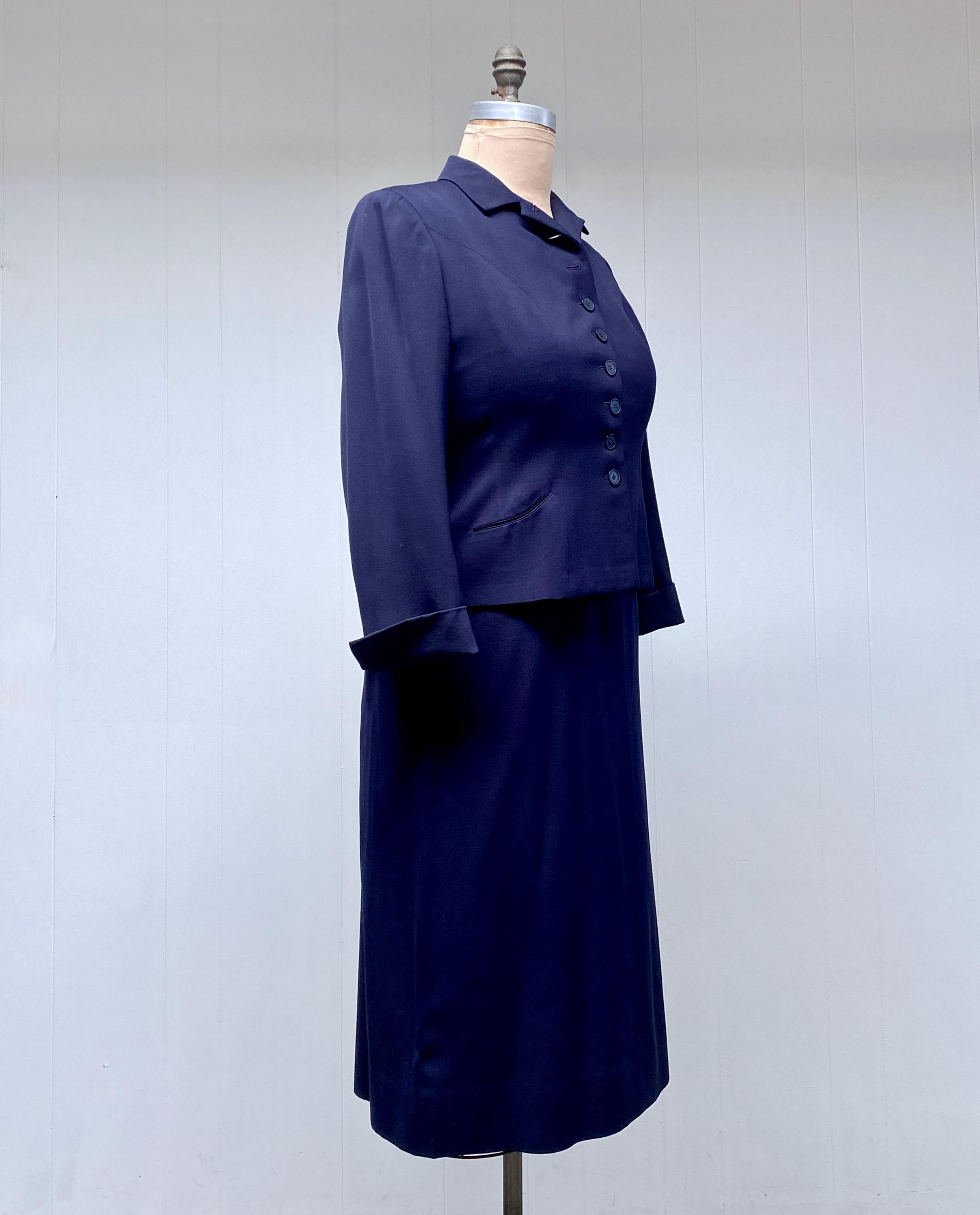 Vintage 1950s Navy Wool Gabardine Suit, 50s Handmacher Princess