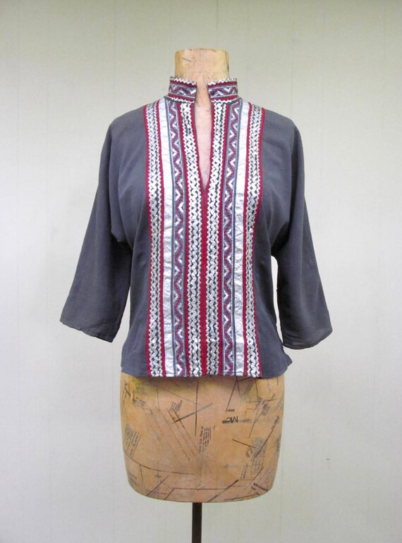 Vintage 1950s Southwestern Patio Top, Gray Rayon … - image 1