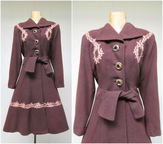 Vintage 1940s Brown Princess Coat, 40s Wool Crepe