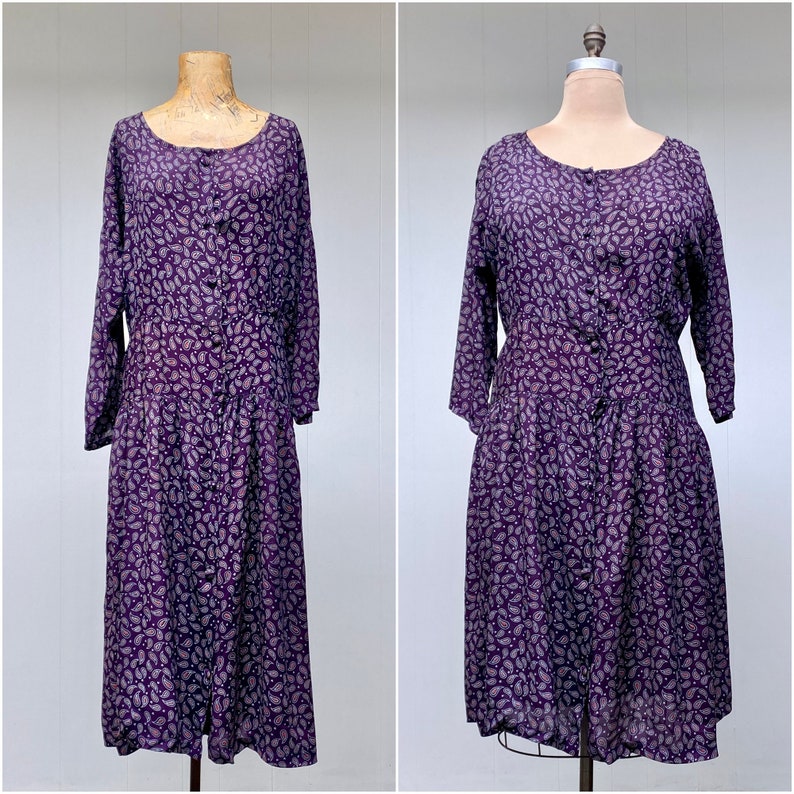 Vintage 1990s HARARI Drop-Waist Purple Paisley Rayon Dress, Loose-Fit Tea Length One Size up to 44 Bust, VFG image 1