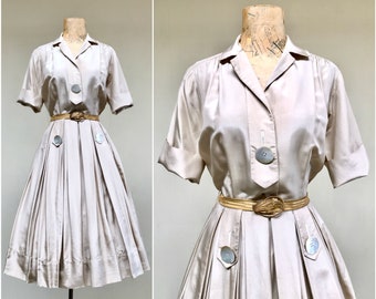 Vintage 1950s Beige Silk Shirtwaist Dress, Short Sleeve Mid-Century Frock with Full Pleated Skirt, Norman Wiatt of CA, Small 25" Waist, VFG