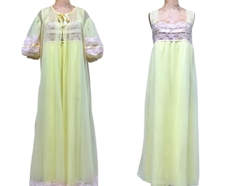 Vintage 1970s Tosca Yellow Peignoir Set, 70s Pastel Nylon Lace Nightgown, Robe w/Full Puffed Sleeves, Medium-Large 36" Bust, VFG