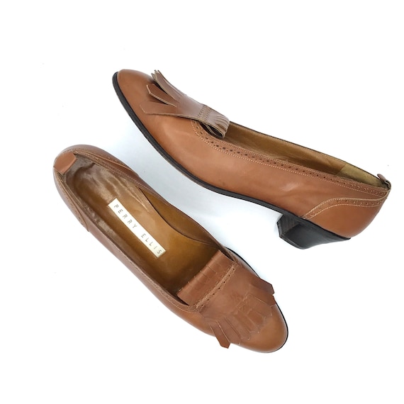 Vintage 1980s Fringed Brown Leather Loafers, Perr… - image 1