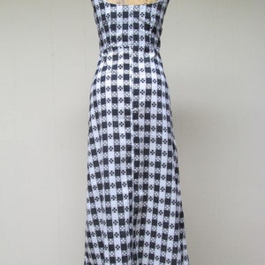 Vintage 1970s Gingham Maxi Dress, 70s Black/White Checkered Tablecloth Print Empire Sun Dress, Medium image 3