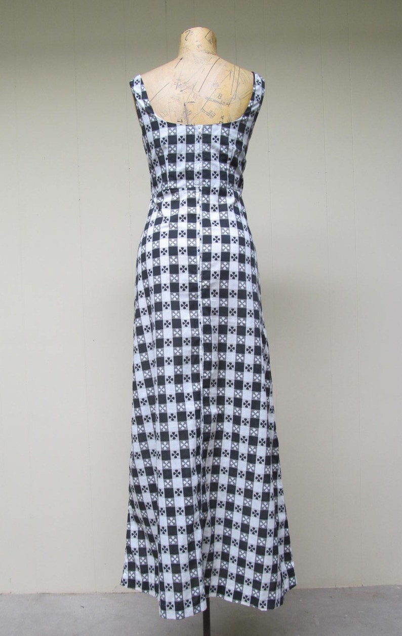 Vintage 1970s Gingham Maxi Dress, 70s Black/White Checkered Tablecloth Print Empire Sun Dress, Medium image 3