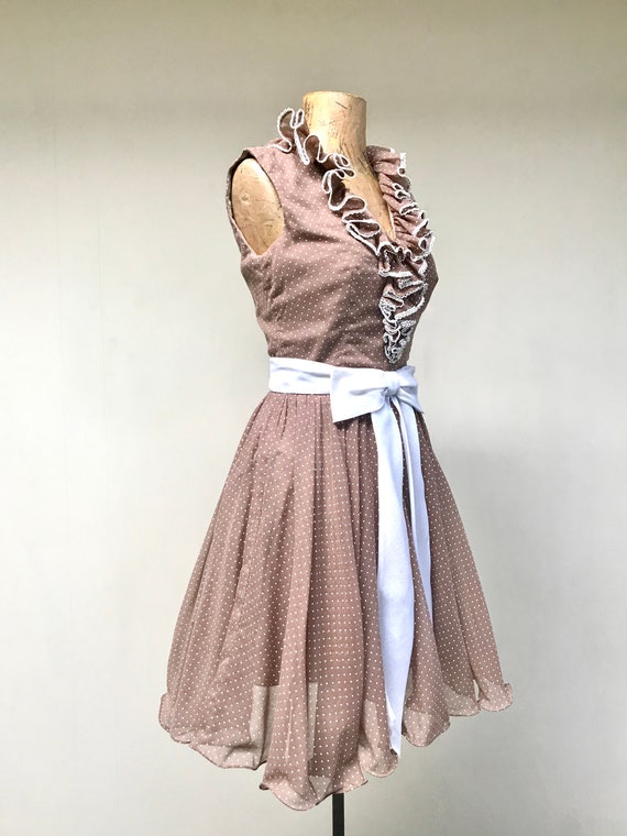 Vintage 1970s Brown Polkadot Dress, 70s Sleeveles… - image 3