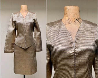 Vintage 1980s Mary McFadden Couture Gold Metallic Skirt Suit, 2 Piece Sculptural Trapunto Silk Ensemble, Size 12 USA, VFG