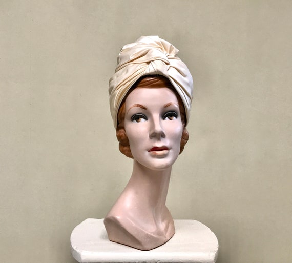Vintage 1960s Ivory Satin Turban, Lilly Daché Hat,