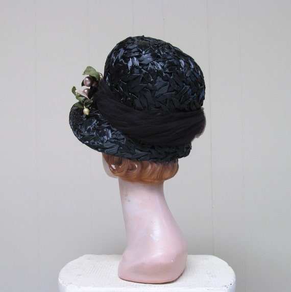 Vintage 1960s Mod Black Cello Straw Bubble Hat wi… - image 3