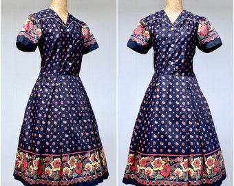 Vintage 1950s/1960s Cotton Floral Shirtwaist Dress, Mid-Century Short Sleeve Frock with Full Pleated Skirt, 36" Bust, VFG